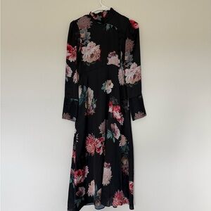 Zara Black Floral Long-Sleeve Midi Dress with Pink and Cream Blooms